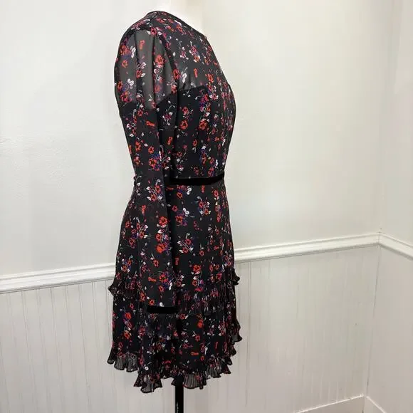 Lulus S Mini Dress Black Long Sleeve Floral Chiffon Ruffle Pleat Sheer Cottage - Picture 13 of 14